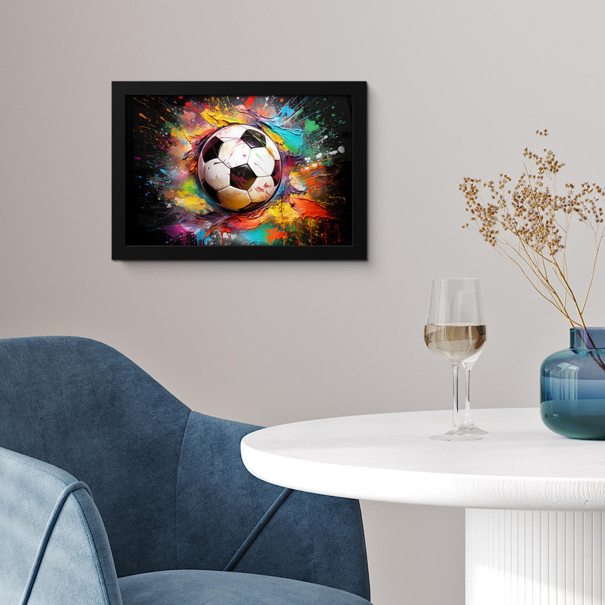 POSTER MIT RAHMEN Fußball - Farbe - Farben - Schwarz - Weiß 30x20 cm - Weiß, Papier (30/20cm) - MuchoWow