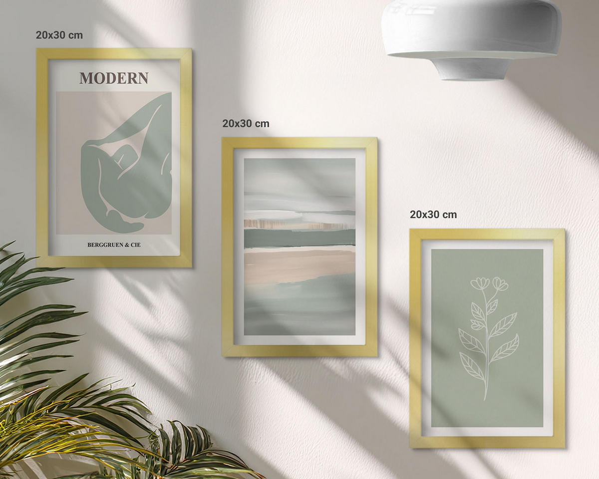BILDER SET 3er Set - 20x30 cm Goldrahmen - Abstrakte pastellfarbene Pflanzenformen - Goldfarben, Kunststoff (20/30cm) - TULUP