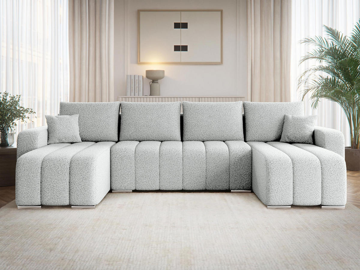 WOHNLANDSCHAFT Pufetto U Boucle - Silberfarben/Hellgrau, Holz/Textil (313/86/147cm) - MIRJAN24