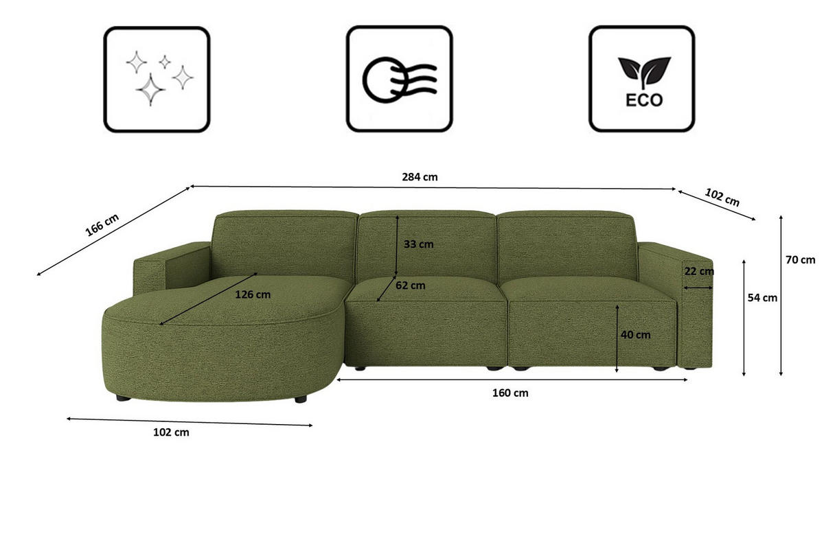 ECKSOFA Cursal Round L-Form, Stoff Artico, Moss, Links - Grün, Holz (284/166cm) - Kaiser Möbel