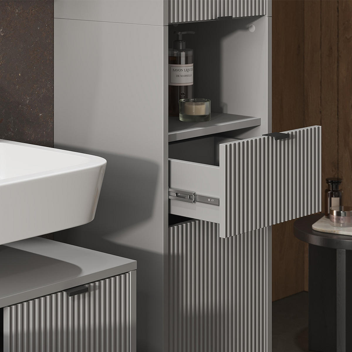 BADSCHRANK Eliza Grau 40 x 190 cm mit Türen, und Schublade - Grau, Holzwerkstoff (40/190/35cm) - Vicco