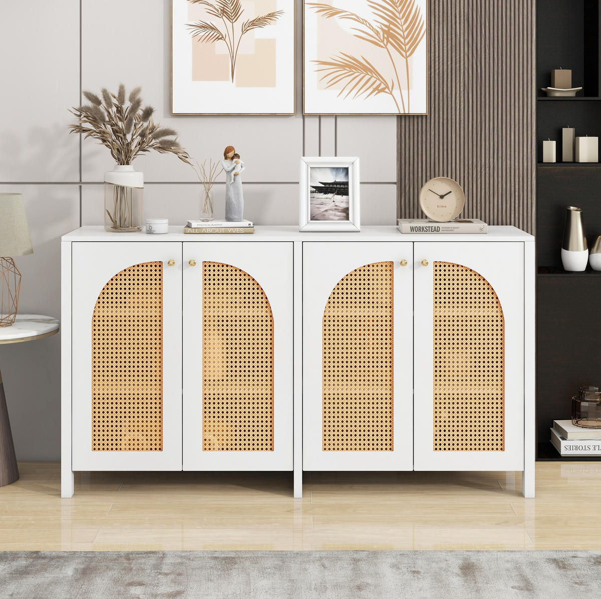SIDEBOARD 4-türig mit Kunst-Rattan Weiß - Weiß, Holzwerkstoff (145/40/80cm) - Meubliv