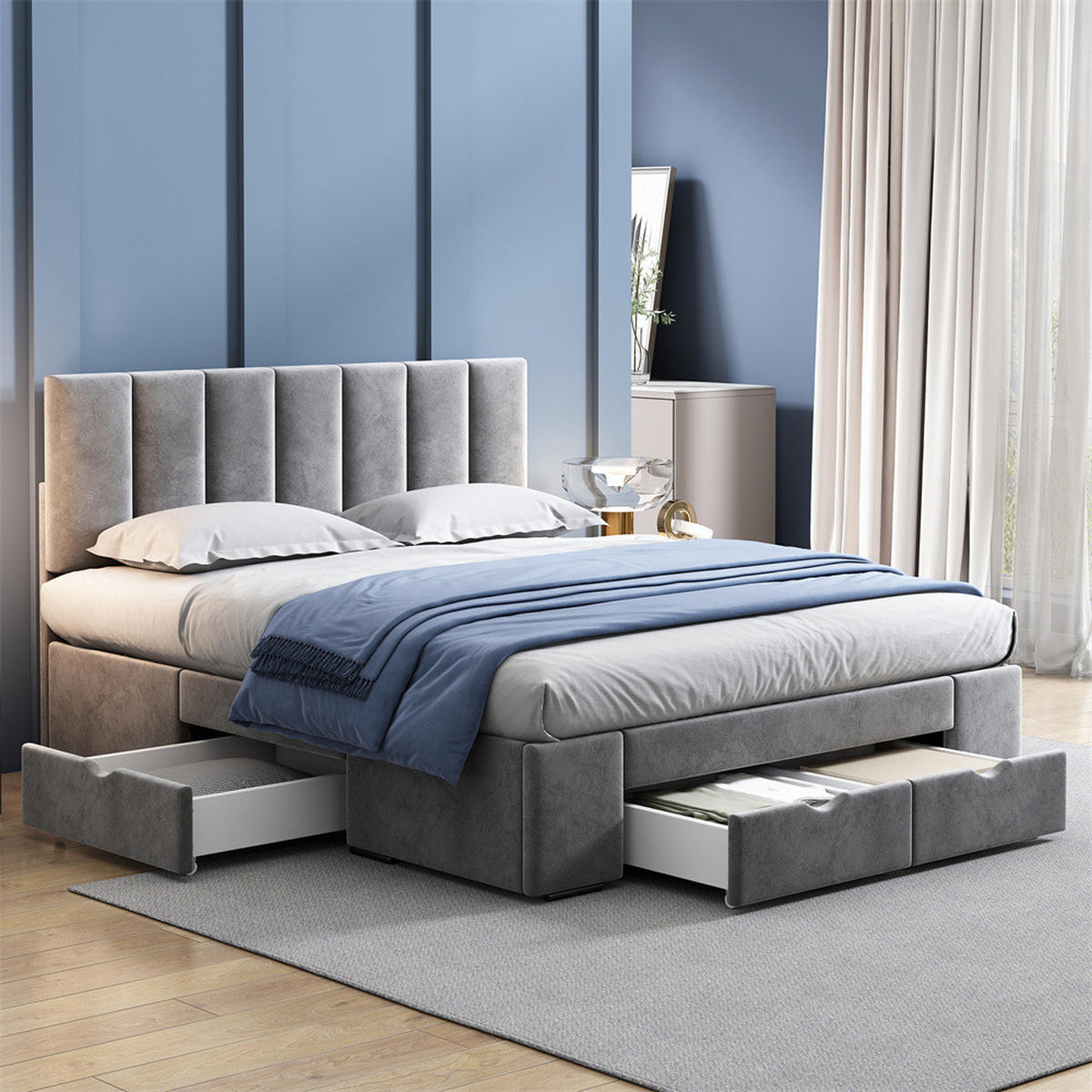 POLSTERBETT 140/200 cm in Samt - Grau, Holz/Textil (140/200cm) - KOMHTOM