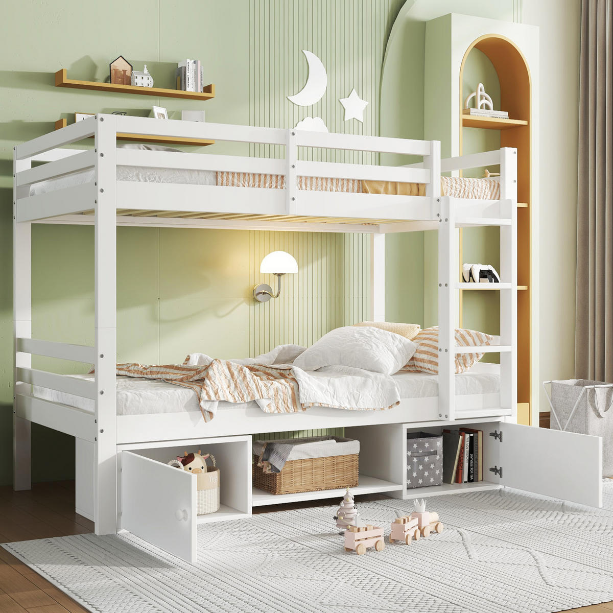ETAGENBETT 90/200 cm Weiß mit Schuhregalen und Schließfächern aus Massivholz - Weiß, Holzwerkstoff (90/200cm) - OKWISH