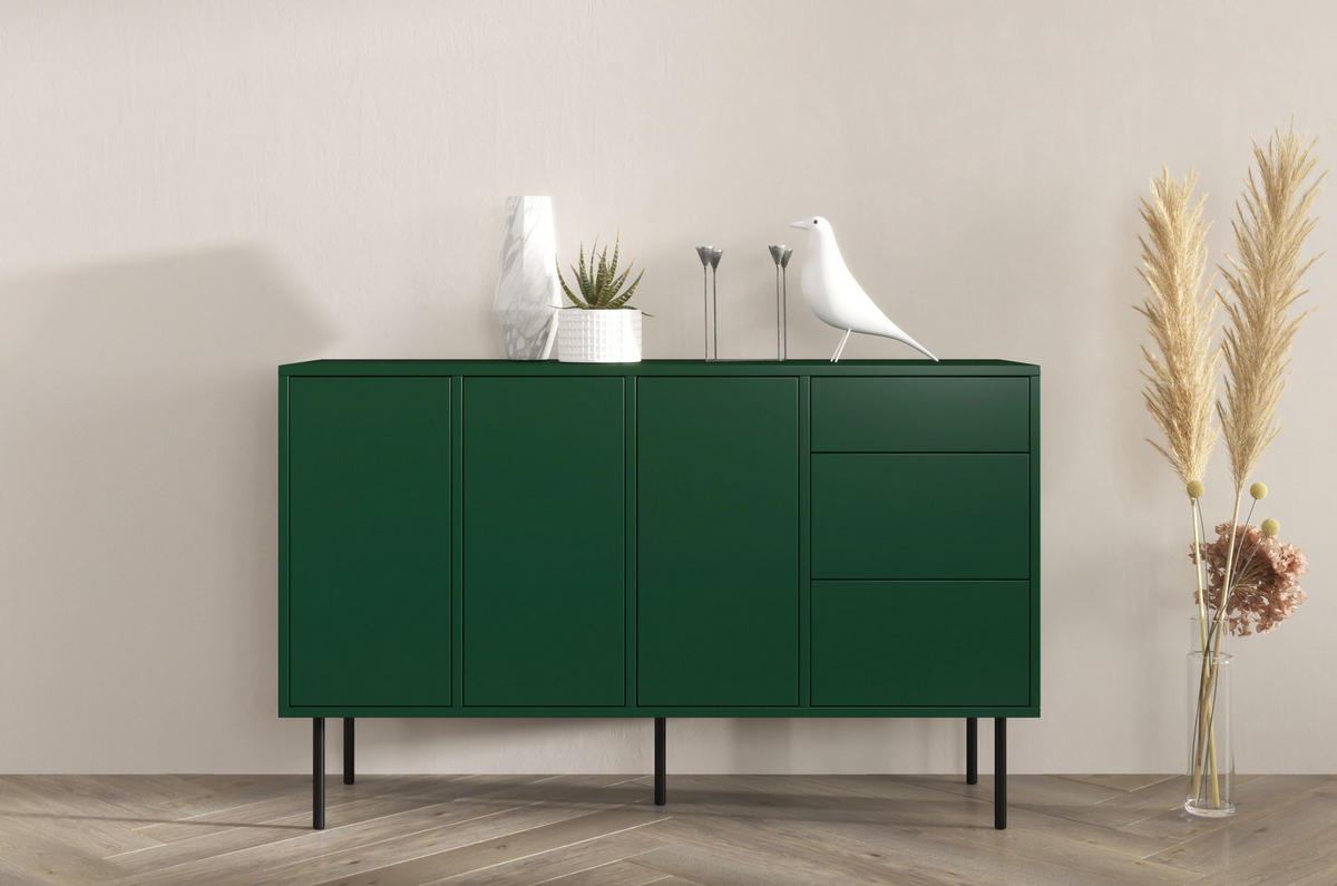 SIDEBOARD Mirka, Grün, Push to Open System, Minimalistisch - Dunkelgrün/Schwarz, Holzwerkstoff/Metall (130/80/40cm) - Dancan