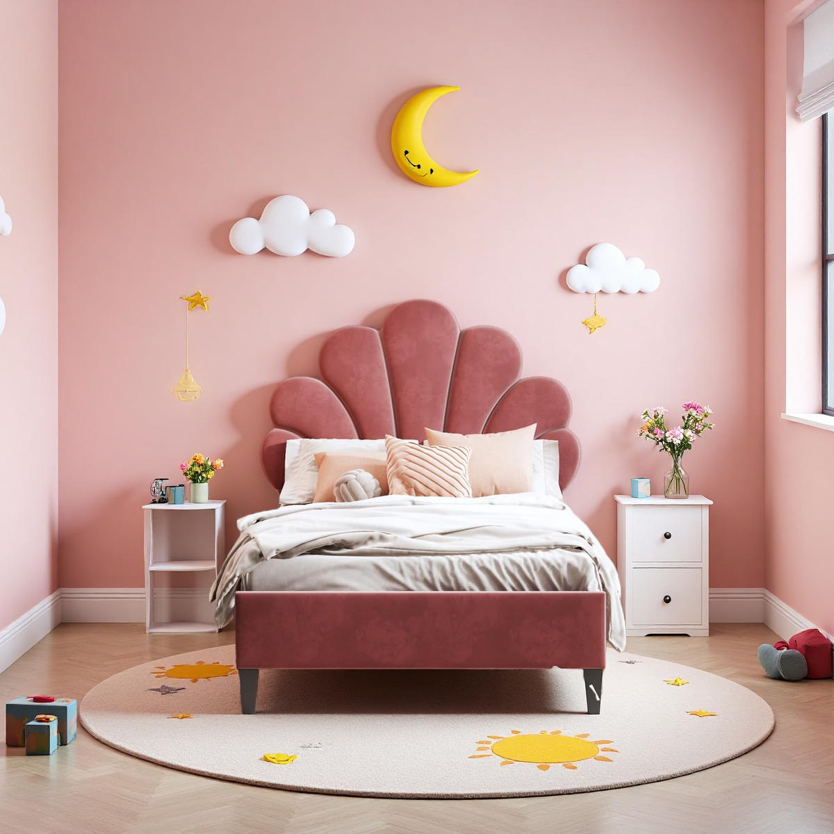 KINDEREINZELBETT 90 x 200 cm, mit blumenförmigem Kopfteil und Lattenrost, Mädchenbett,Lattenrost,tiefrot, Samt. - Dunkelrot, Holz (90/200cm) - WoodenAura