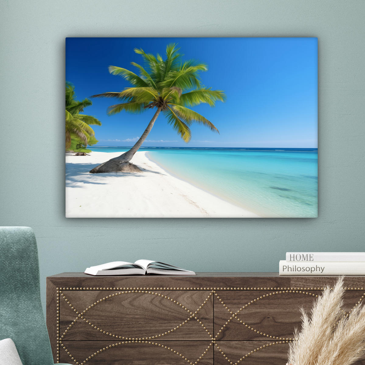 OBRAZ NA PLÁTNĚ Pláž - palma - tropická - moře 80x60 cm - zelená barva, textil (80/60cm) - MuchoWow