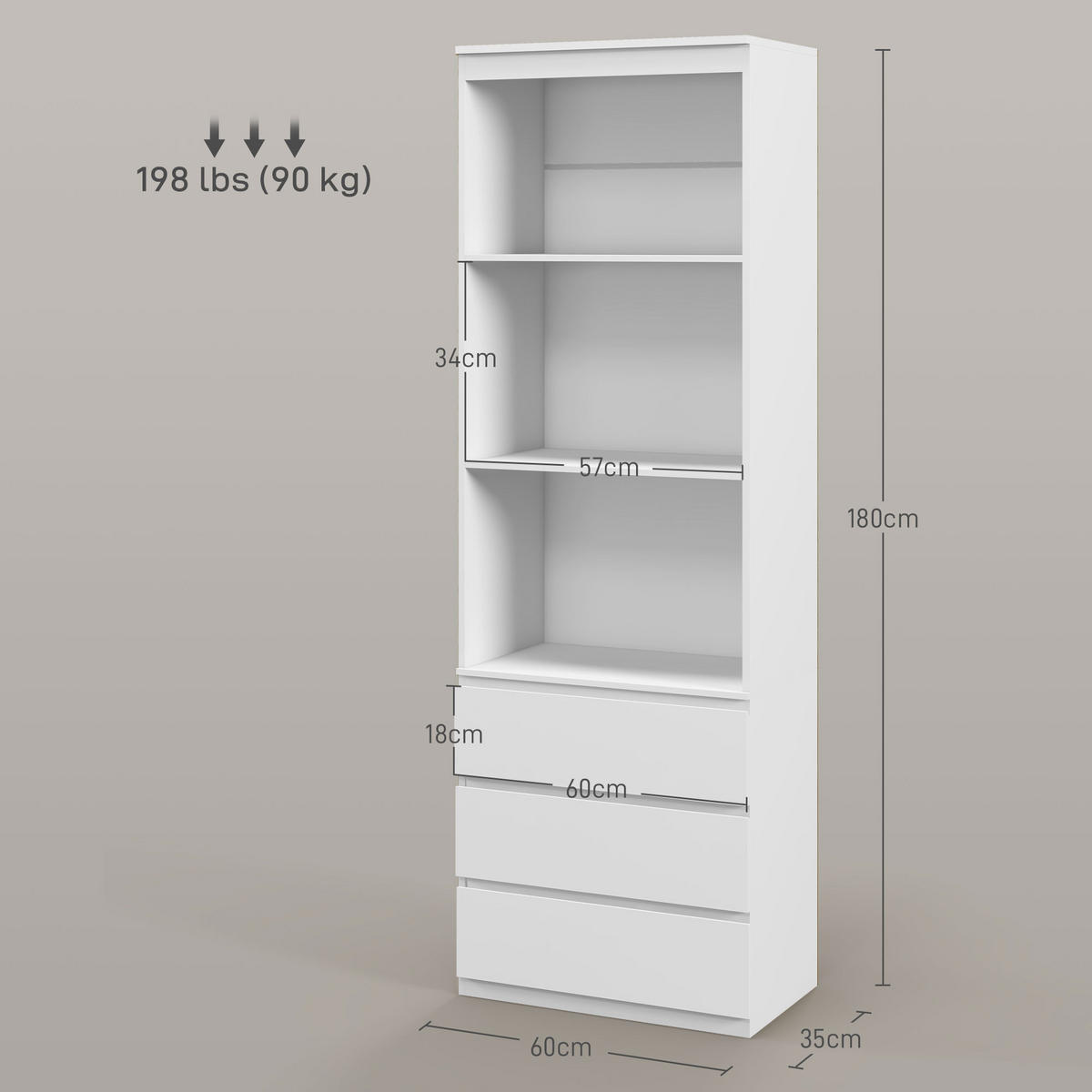 AKTENREGAL DE-14451 3 offene Fächer + 3 Schubladen, 180 cm Weiß - Weiß, Holzwerkstoff (35/180/60cm) - ComfortXL