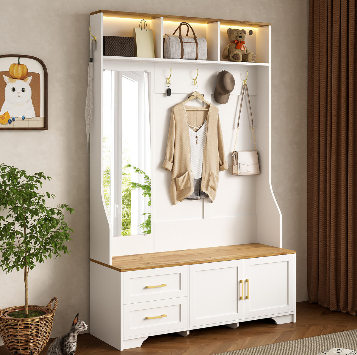 GARDEROBENSCHRANK mit LED und Spiegel 120 x 40 x 187 cm MDF Weiß/Holzoptik - Weiß, Holzwerkstoff (40/187/120cm) - Beauniv