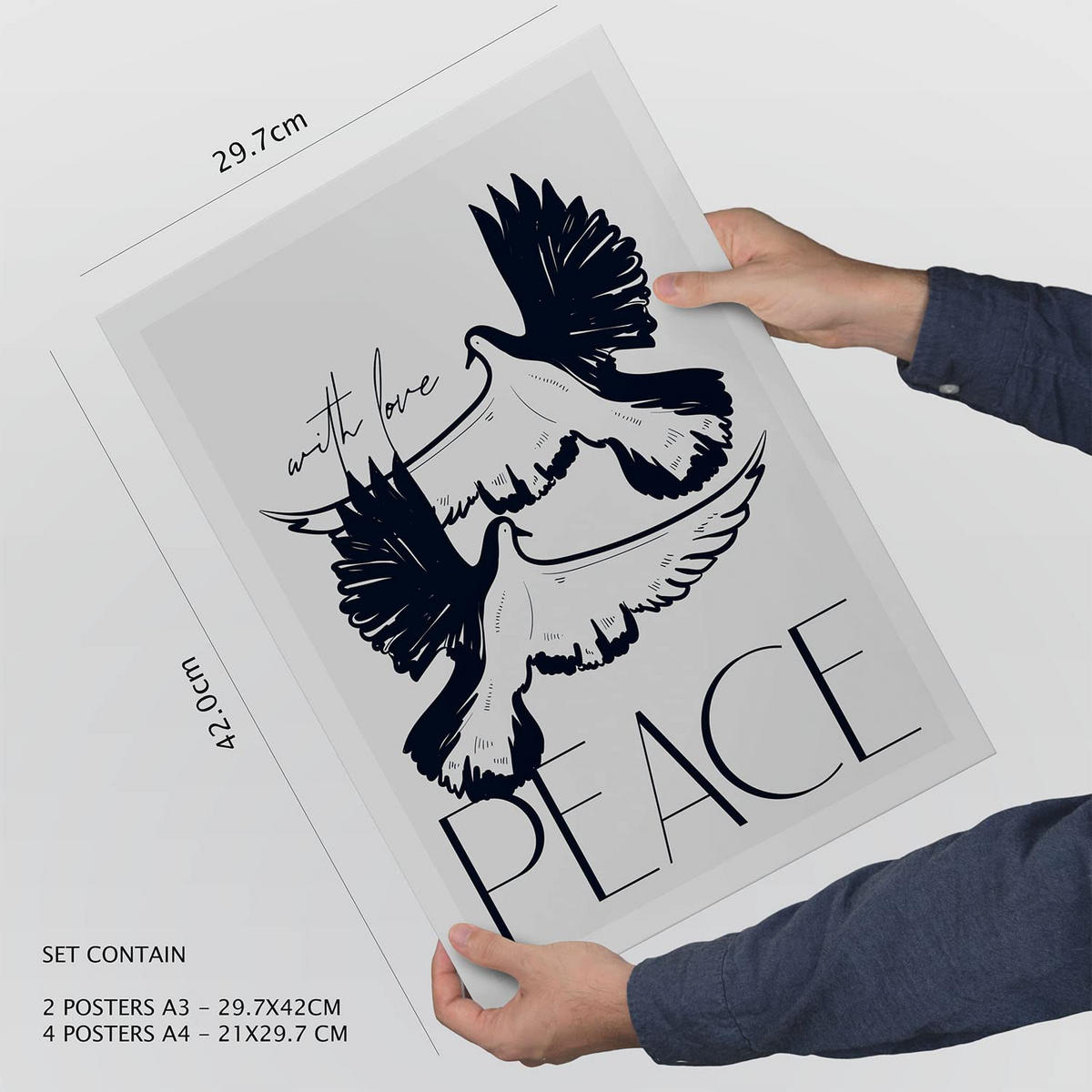 POSTER Set Mit 6 In Schwarzer Tinte Friedenstauben Kunstdrucke Von Meer Und Ozean Für Innenarchitektur A3 & A4 Schwarzer Rahmen - Schwarz, Papier (29/3cm) - Nacnic