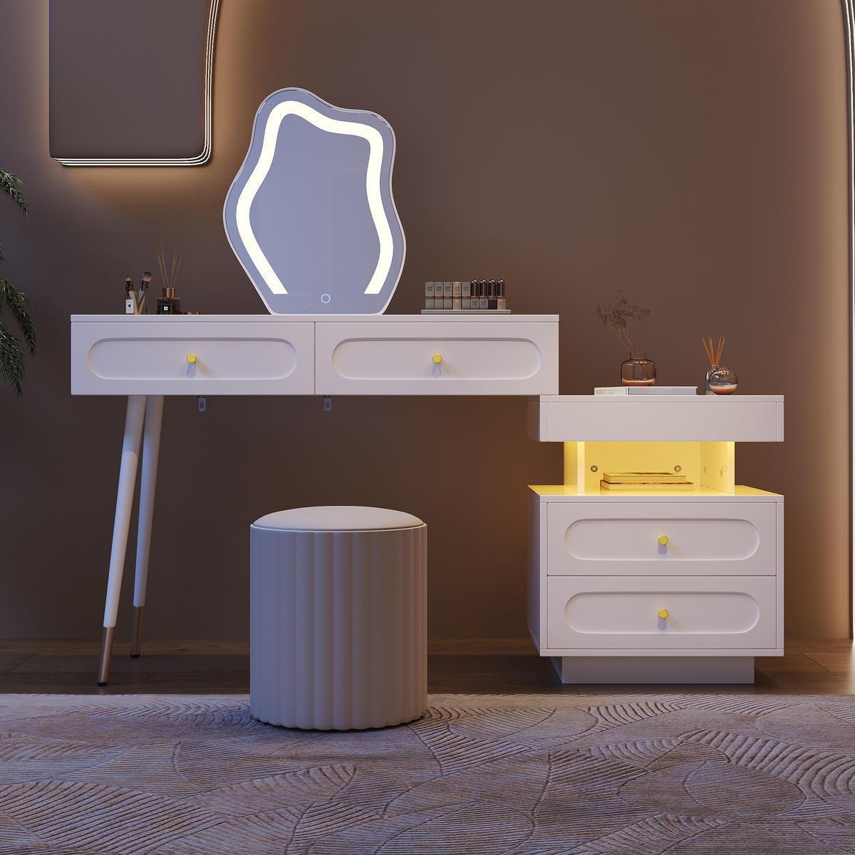 SCHMINKTISCH in Weiß Frisiertisch mit LED-Spiegel, 4 Schubladen & offenem Fach, für Schlafzimmer und Ankleidezimmer, B140/T40/H130cm - Weiß, Holzwerkstoff/Metall (140/130/40cm) - STILVORA