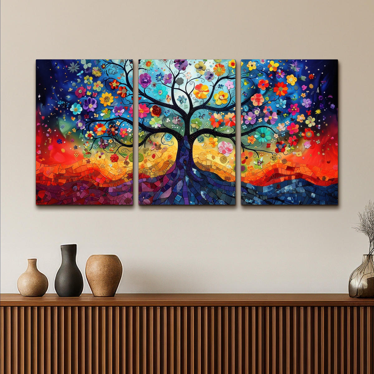 LEINWANDBILD 3er Set Bunt - Baum des Lebens - Blumen - Abstrakt 120x60 cm - Blau, Textil (120/60cm) - MuchoWow
