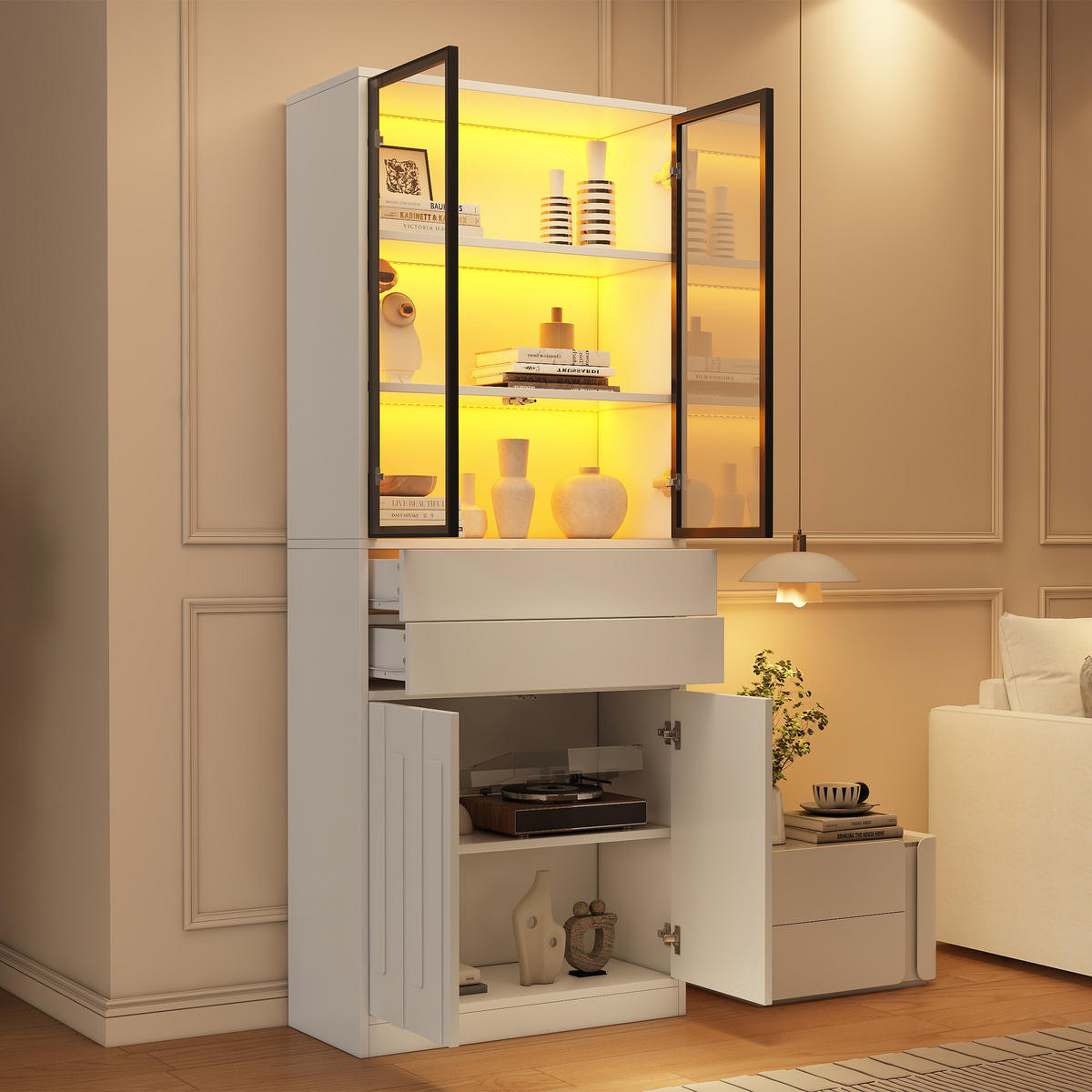 VITRINE 70x34x180 cm Weiß mit LED und 2 Schubladen - Weiß, Holzwerkstoff (70/180/34cm) - FLIEKS