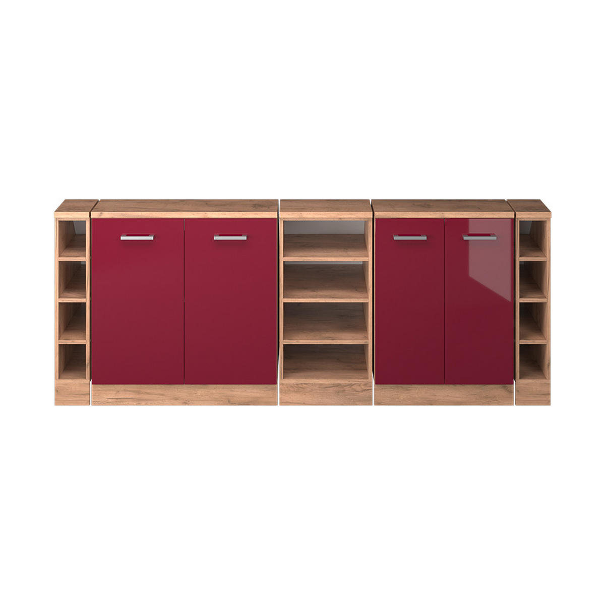 KUHINJSKI ORMAR ZA KOSINE KROVA R-Line Crveni visoki sjaj 210 cm Set od 5 ormarićnih korpusa, dubina 60 cm - hrast medunac/crvena, drvni materijal (210/83.8/60cm) - Vicco