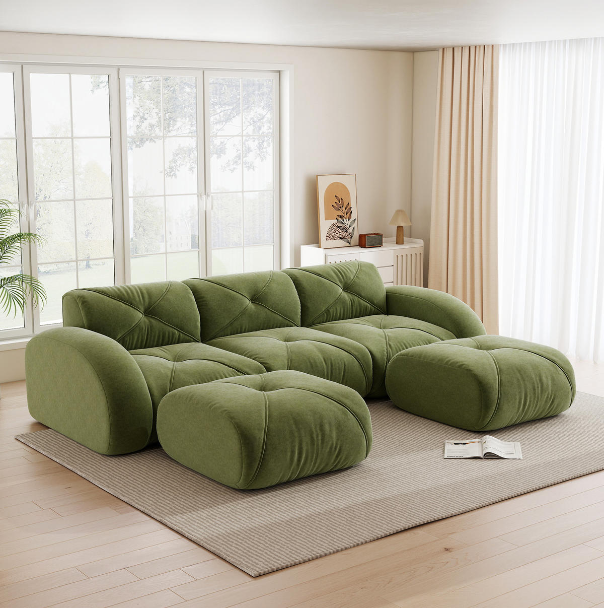 MODULSOFA U-Form 3-Sitzer Chenille Grün inkl. 2 Hocker - Grün, Kunststoff (171/76/281.1cm) - Meubliv