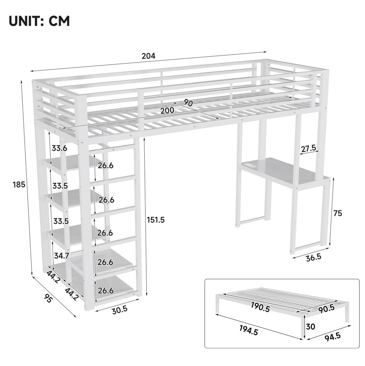 HOCHBETT Metall & MDF 90x200 cm Weiß mit Schreibtisch, Regalen und Kleideraufbewahrung - Weiß, Holzwerkstoff (90/200cm) - Modfu