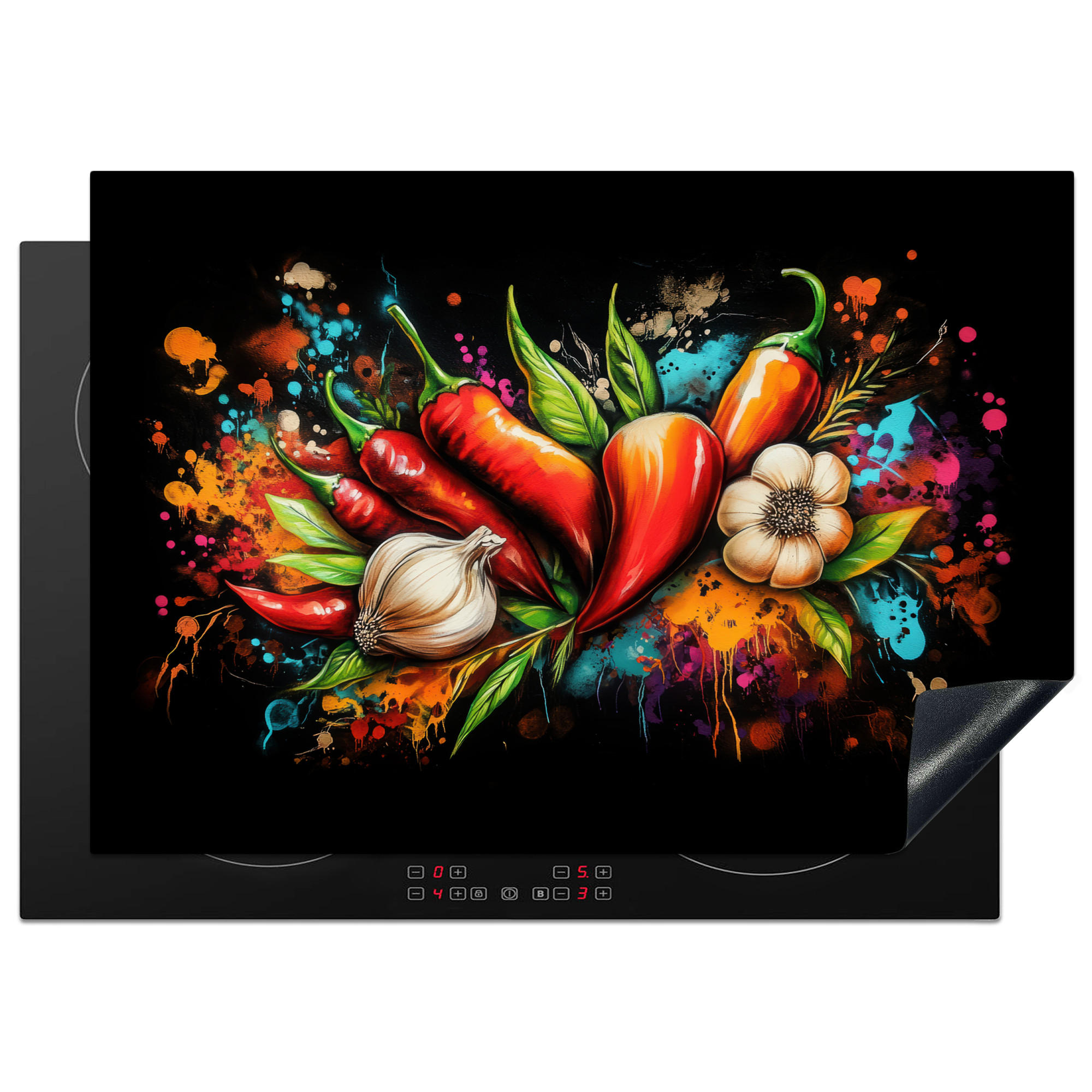MuchoWow KRYT NA INDUKČNÍ DESKU Zelenina - paprika - česnek - graffiti - barva - barevné 75x52 cm