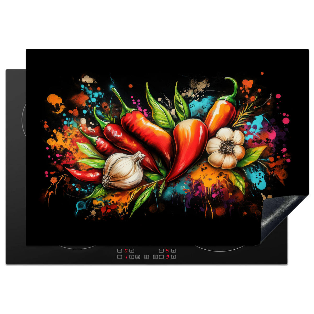 HERDABDECKPLATTE Gemüse - Paprika - Knoblauch - Graffiti - Farbe - Bunt 75x52 cm - Rot, Kunststoff (75/0.2/52cm) - MuchoWow
