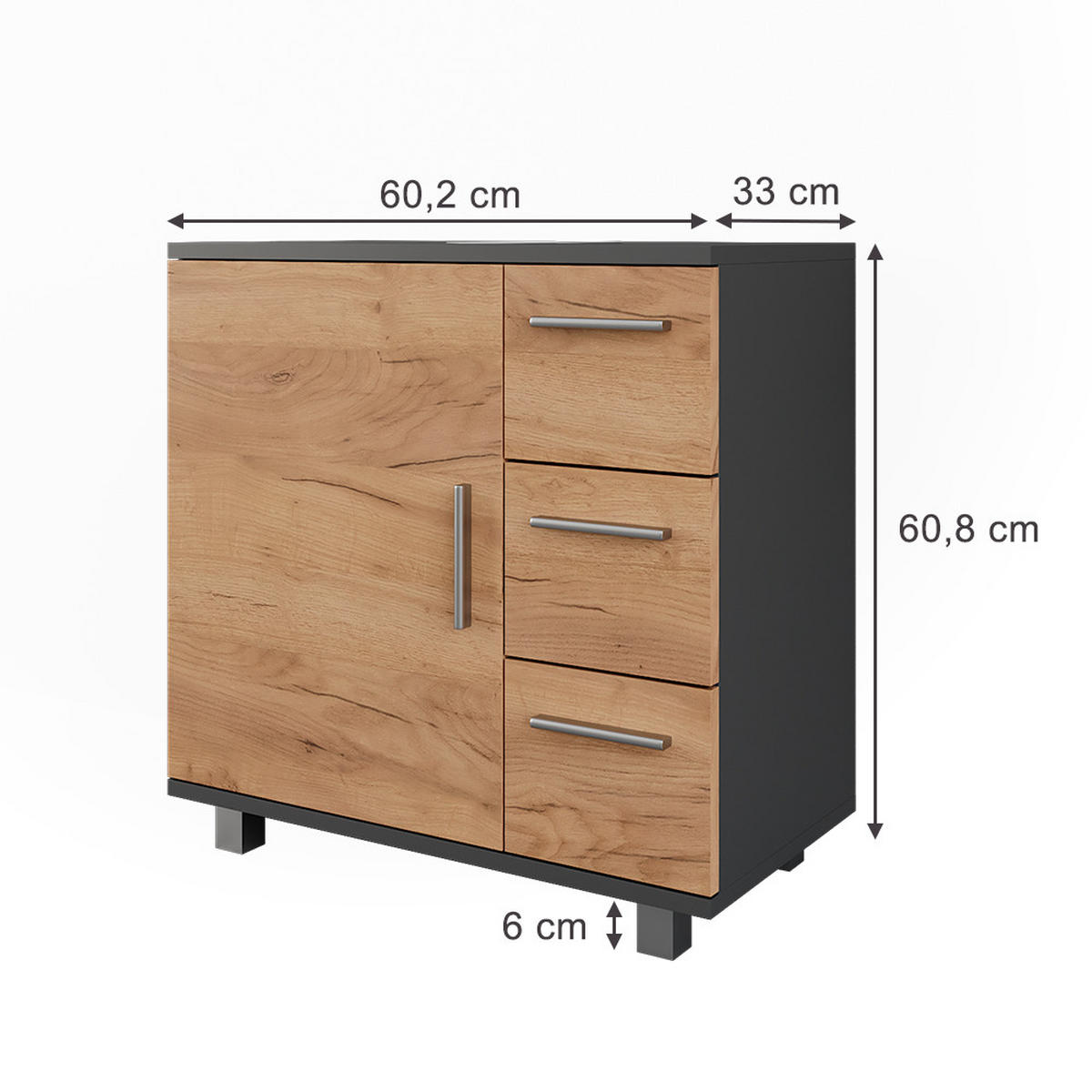 WASCHBECKENUNTERSCHRANK Ilias Anthrazit/Goldkraft Eiche 60.2 x 60.8 cm mit Tür und 3 Schubladen - Honigeiche/Anthrazit, Holzwerkstoff (60/60.8/33cm) - Vicco