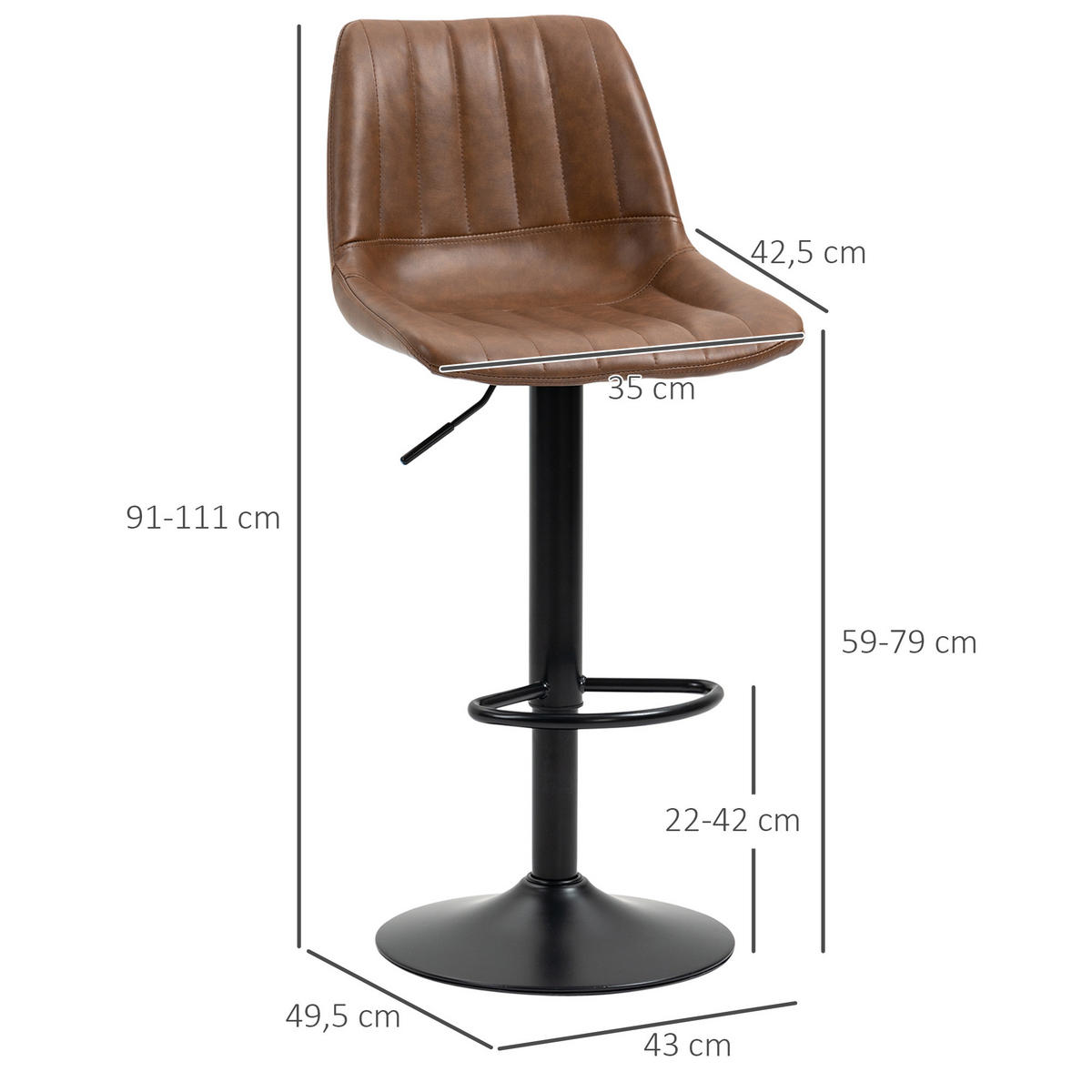 BARHOCKER DE-35975 2er Set mit Kunstlederbezug Braun - Braun, Metall (49.5/111/43cm) - ComfortXL