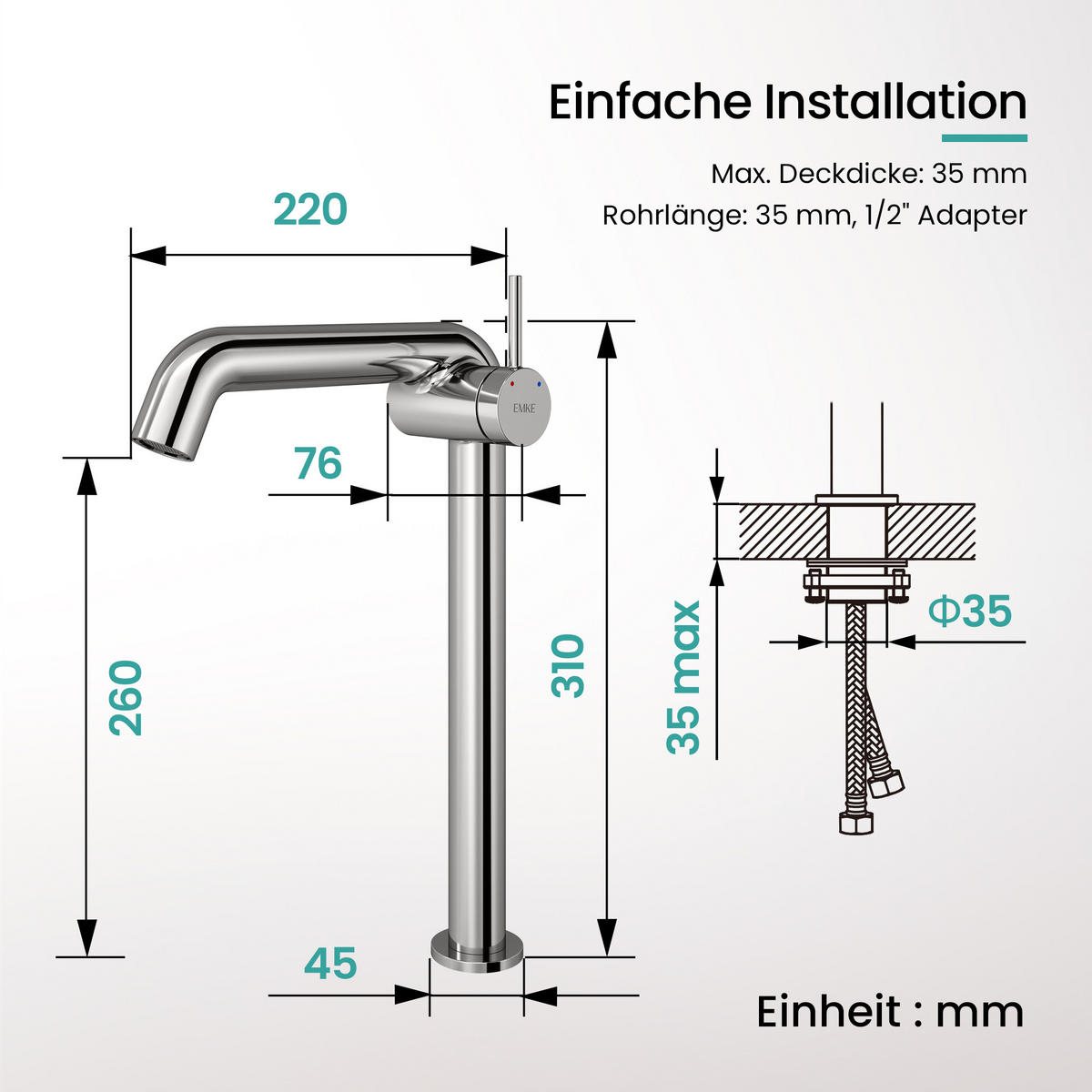 WASCHTISCHARMATUR Wasserzulaufrohr aus Edelstahl Chrom 26cm - Chromfarben, Metall (22/7.6/33.2cm) - EMKE