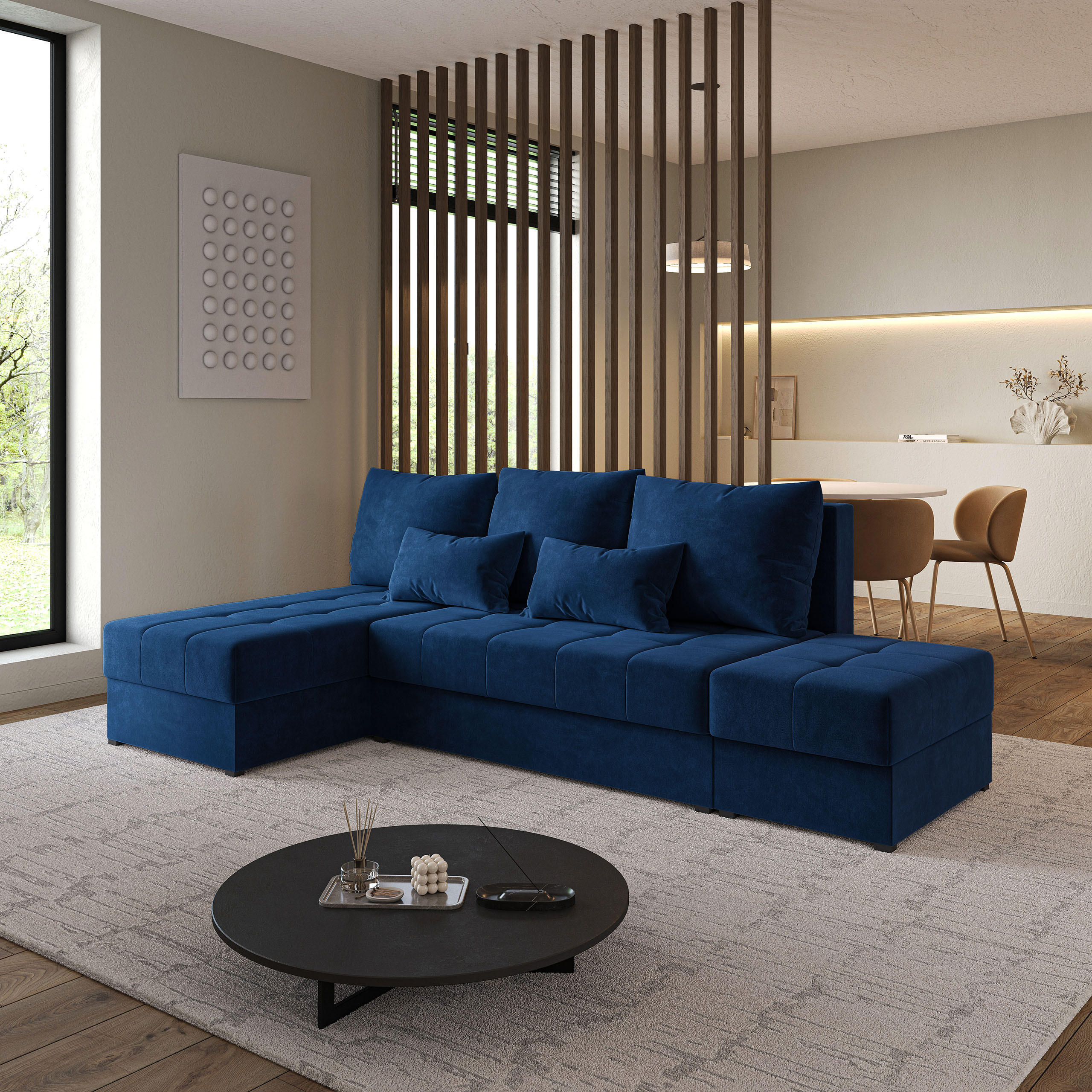 ECKSOFA NORVI Blau Plüsch-Stoff mit Schlaffunktion - Blau, Holz (251/143cm) - MASSENO