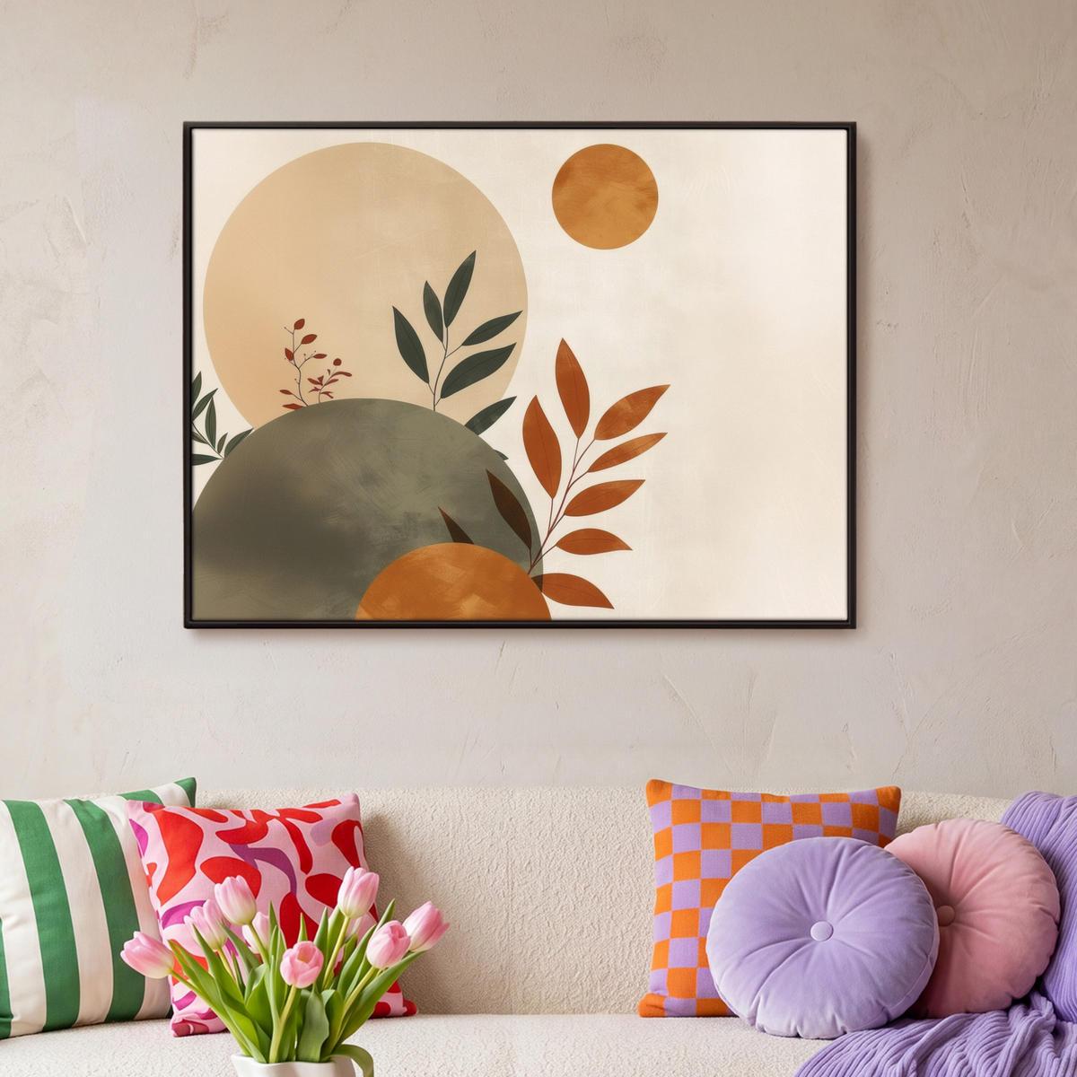 LEINWAND Bilder mit Rahmen - Formen - Rund - Blätter - Beige - 100x70 - Rostfarben, Textil (100/70cm) - MuchoWow