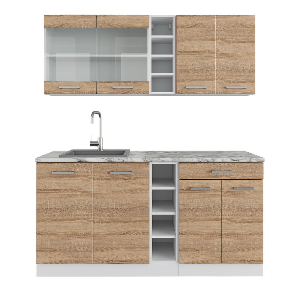 SINGLEKÜCHE R-Line Sonoma/Weiß 160 cm, AP Marmor - Weiß/Sonoma Eiche, Holzwerkstoff (160/81.6/60cm) - Vicco