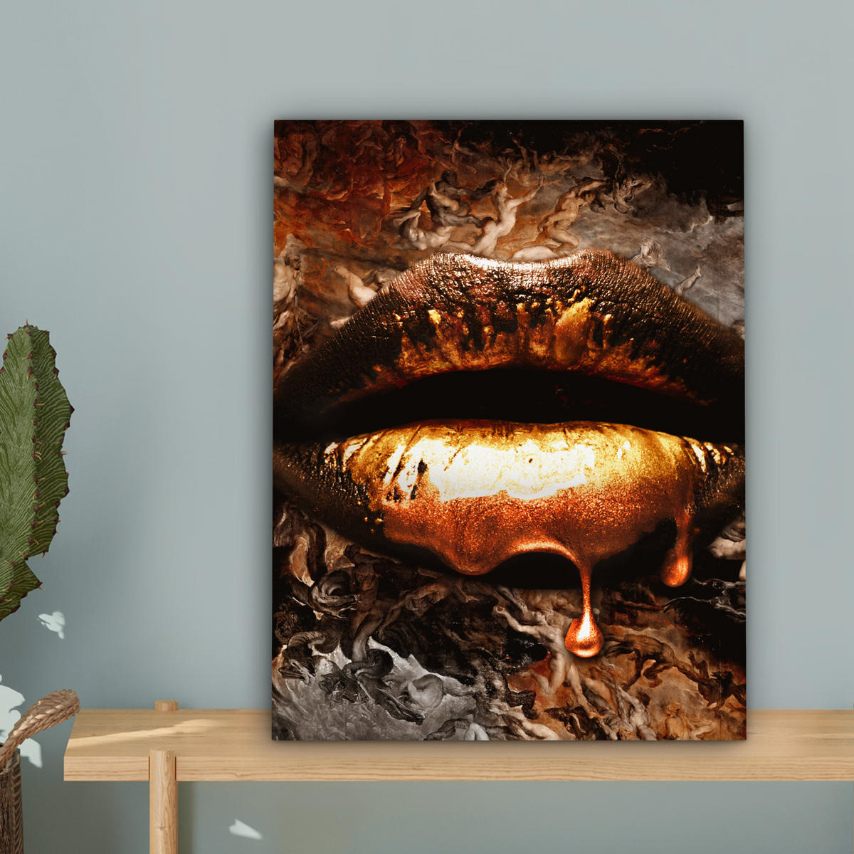 LEINWANDBILD Gold - Lippen - Kunst - Gold - Luxus - Abstrakt 30x40 cm - Kupferfarben, Textil (30/40cm) - MuchoWow