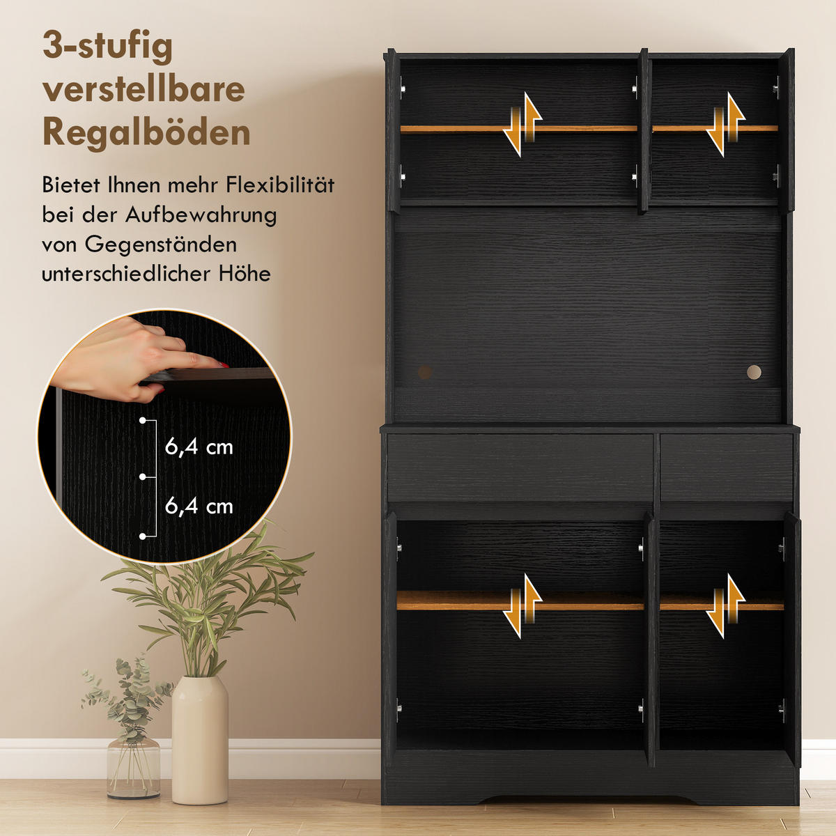 KÜCHENSCHRANK Schwarz, 6 Türen, 2 Schubladen, 100/38/180 cm - Schwarz, Holzwerkstoff (100/180/38cm) - PANGIVO
