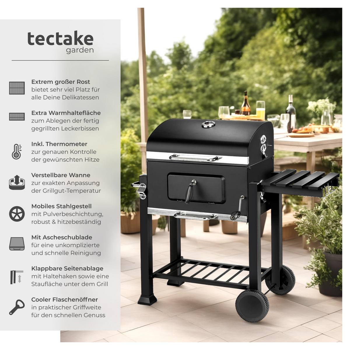 HOLZKOHLEGRILL Florian,115 x 65 x 107 cm,schwarz - Schwarz, Metall (65/107/115cm) - tectake