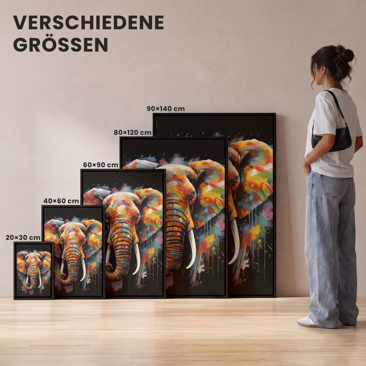 LEINWAND Bilder mit Rahmen - Elefant - Graffiti - Schwarz - Tiere - Farben - 20x30 - Schwarz, Textil (20/30cm) - MuchoWow
