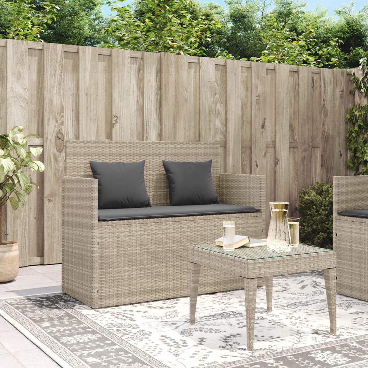 GARTENBANK mit Kissen Hellgrau Poly Rattan - Grau, Kunststoff (120/90.5/50cm) - furnicato