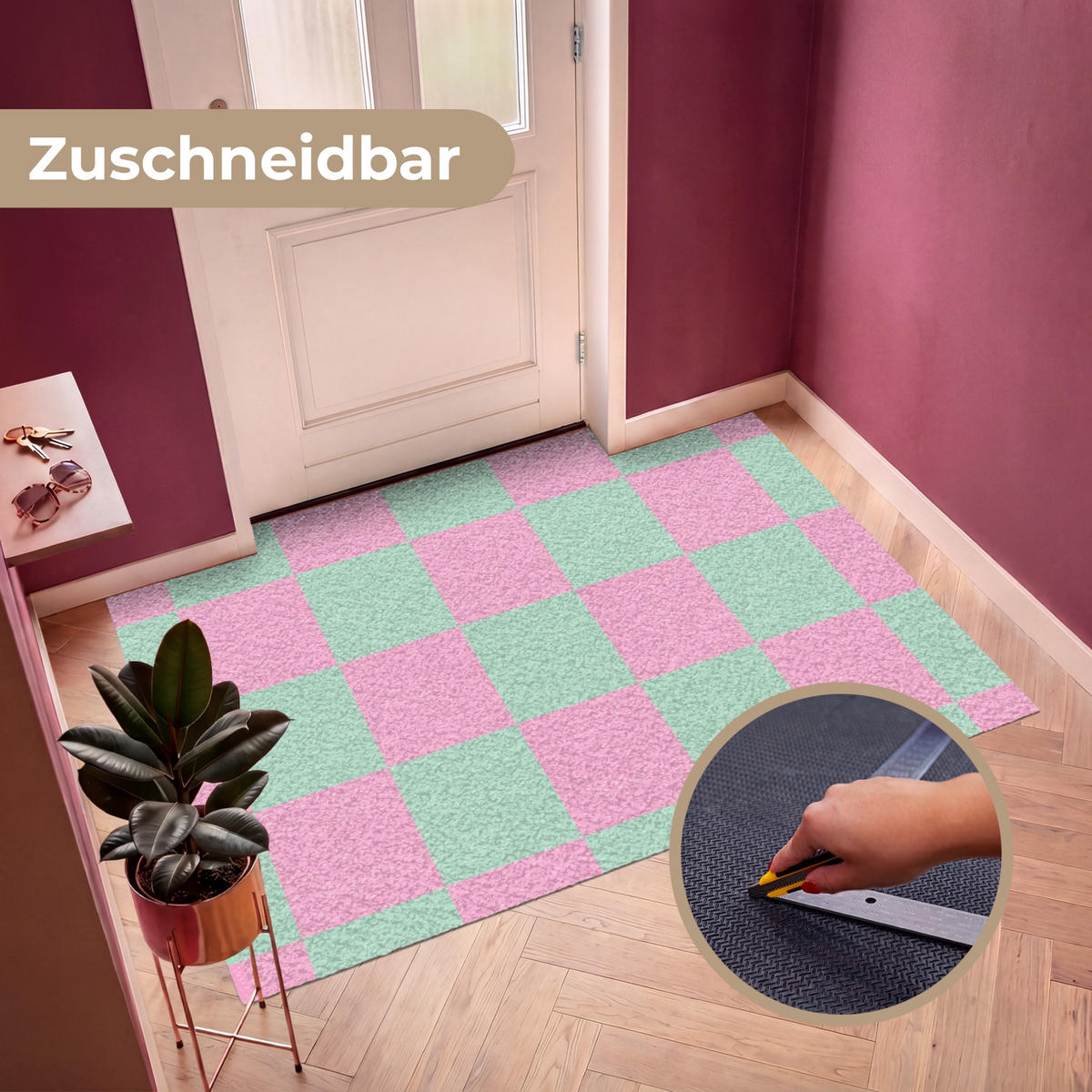 FUSSMATTE Schachbrettmuster - Grün - Rosa - Würfel Fußabtreter 180x120 cm - Mintgrün, Kunststoff (180/120cm) - MuchoWow