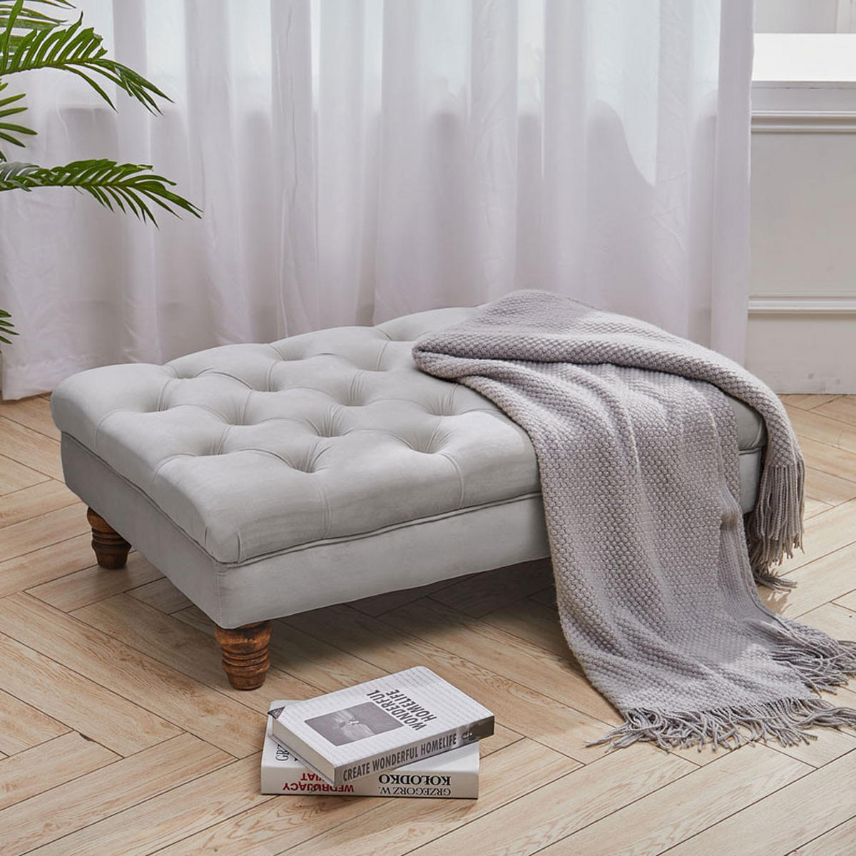 POLSTERHOCKER 90/60/30 cm Knopfheftung Holzbeine Flanell Grau - Walnussfarben/Grau, Holz/Textil (90/30/60cm) - Livingandhome