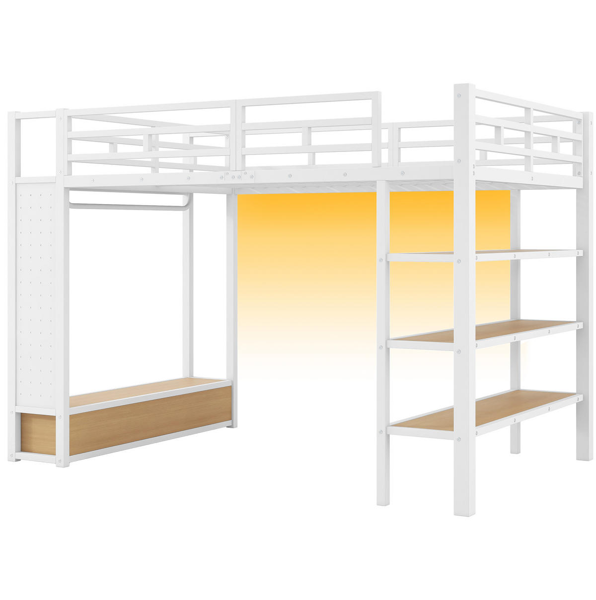 HOCHBETT aus MDF und Metall 140x200 cm Weiß mit Kleiderschrank, Lochwand, LED-Beleuchtung und Stauraum - Weiß, Holzwerkstoff (140/200cm) - Modfu