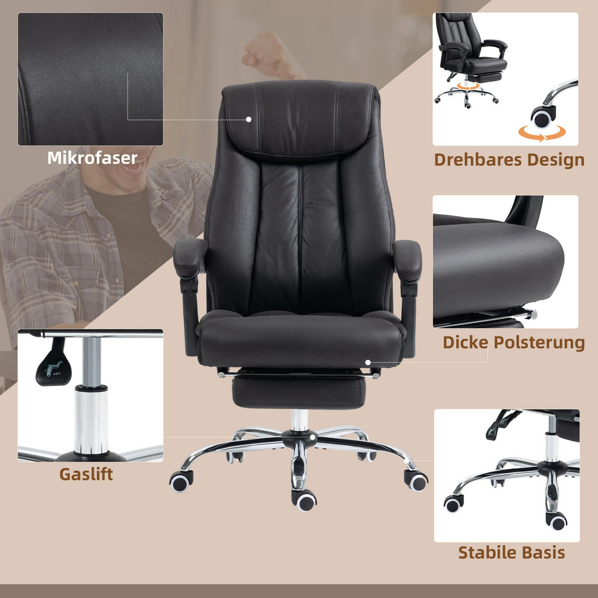 BÜROSTUHL höhenverstellbarer Computerstuhl neigebarer Drehstuhl für Büro Schwarz - Schwarz, Textil (70/119/66cm) - HOMCOM
