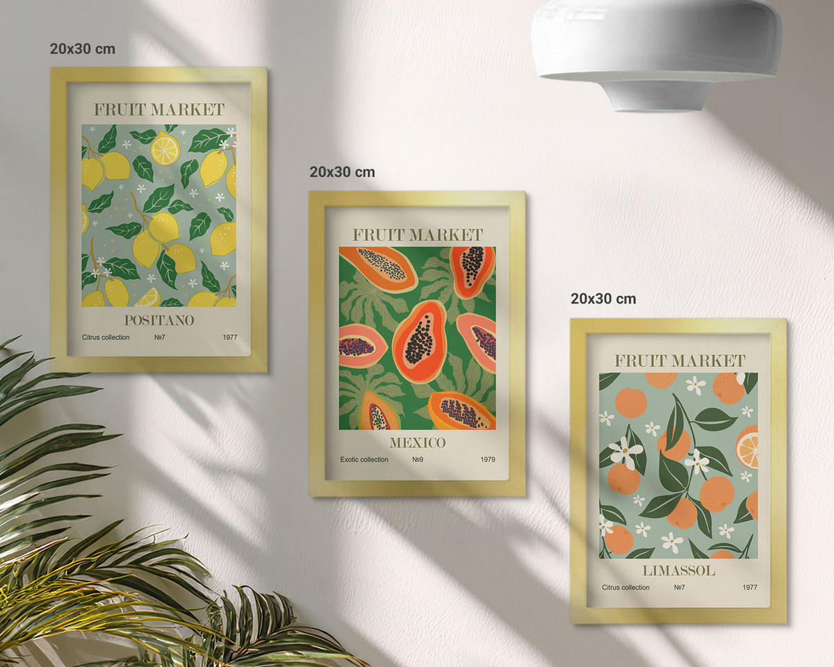 BILDER SET 3er Set - 20x30 cm Goldrahmen - Fruchtposter Zitronen Papayas - Goldfarben, Kunststoff (20/30cm) - TULUP