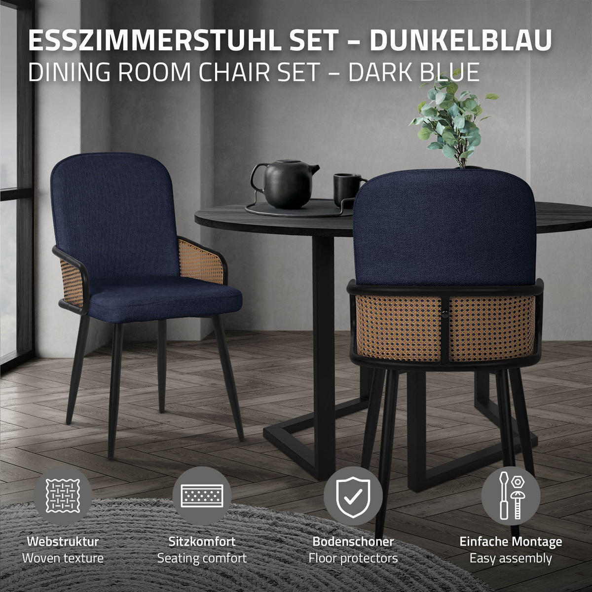 JÍDELNÍ ŽIDLE, sada 2 ks, tmavě modrá, s látkovým potahem v ratanovém vzhledu - černá/tmavě modrá, kov/textil (51/91/61cm) - ML-DESIGN