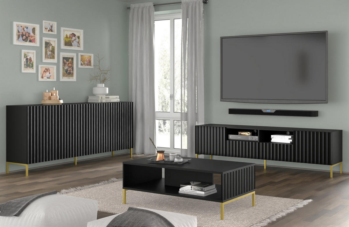 TV LOWBOARD Schwarz, Gold 200/56/42 - Goldfarben/Schwarz, Holzwerkstoff (200/56/42cm) - RAUMHIRSCH FURNITURE