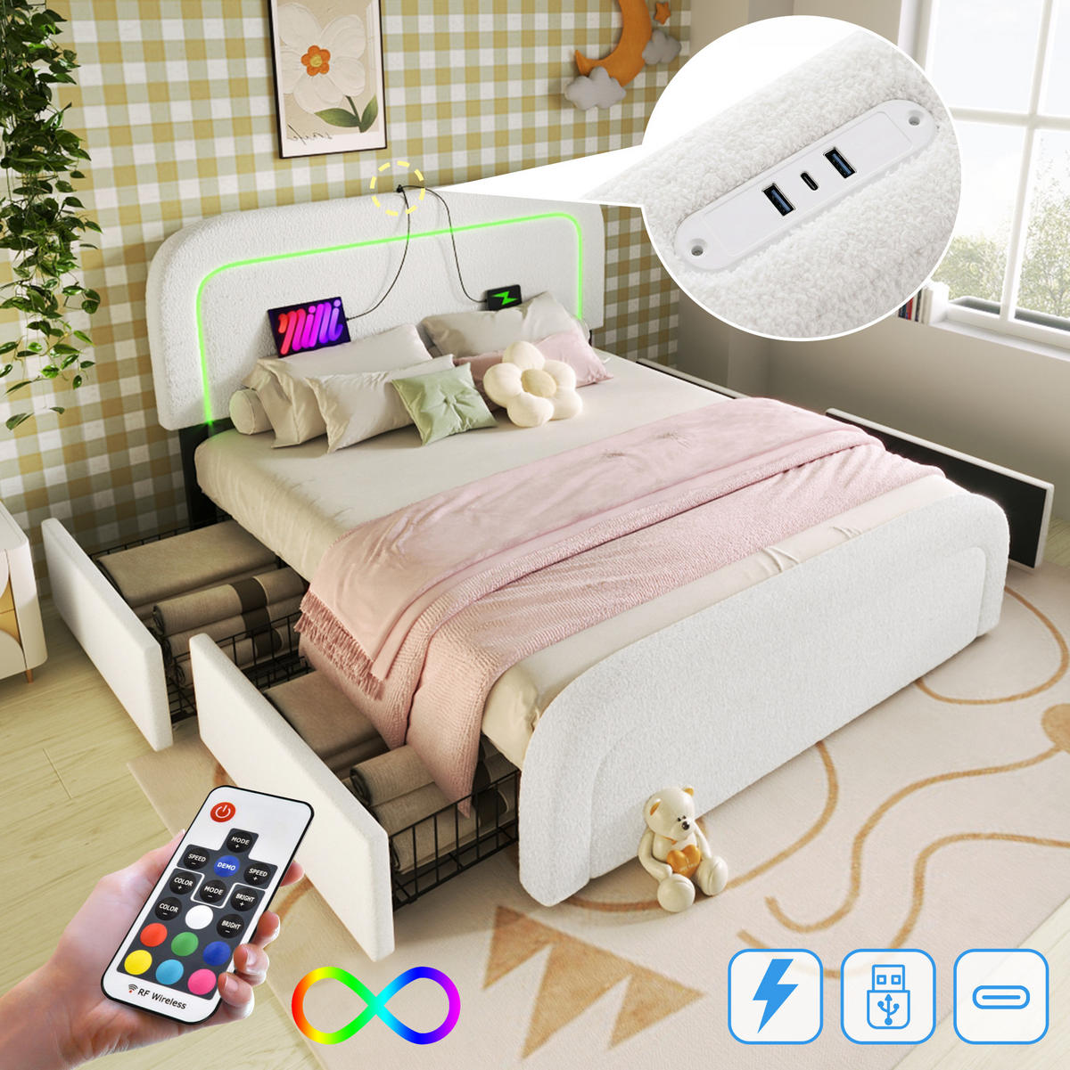 ČALOUNĚNÁ postel 160/200 cm s matrací, USB a USB-C, LED osvětlením, 4 zásuvkami a sherpa potahem, Bílá - bílá, textil (160/200cm) - Redom