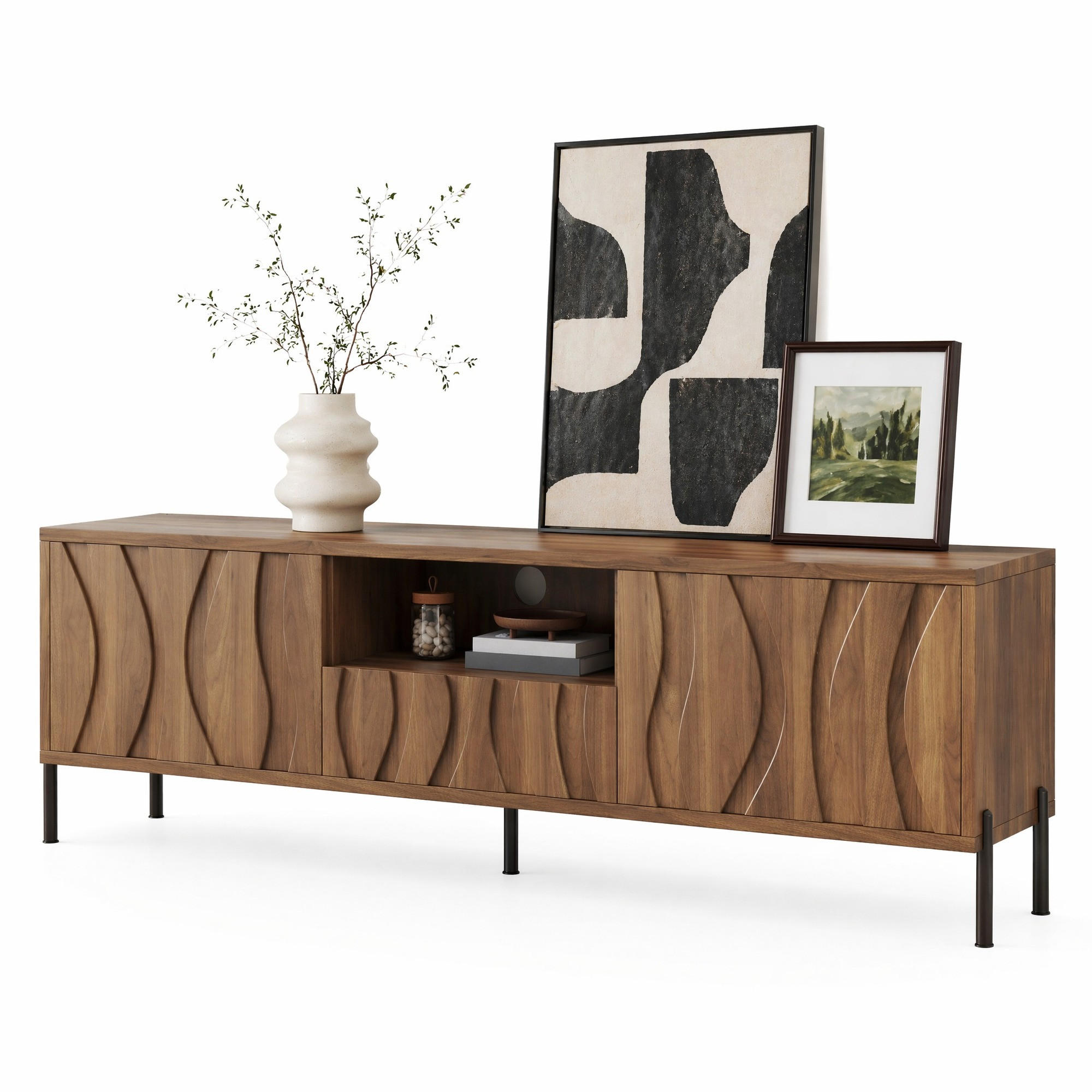 LOWBOARD in Naturfarben TV-Schrank mit drei Türen für Wohnzimmer und Arbeitszimmer, B160/T35/H46 cm - Schwarz/Naturfarben, Holzwerkstoff/Metall (160/46/35cm) - STILVORA