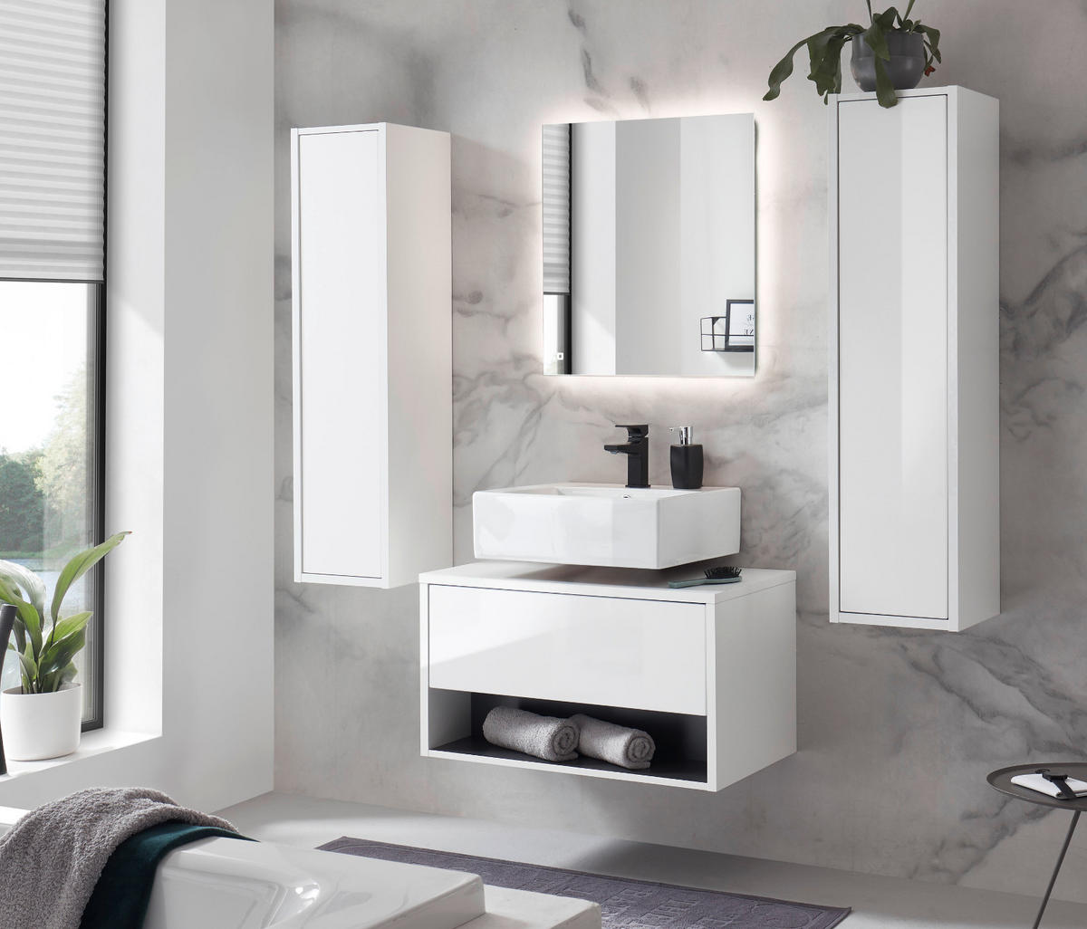 BADMÖBEL-SET 4-teilig weiß Hochglanz, grau, Badezimmerschränke mit LED Beleuchtung 160 cm - Weiß Hochglanz/Grau, Glas/Holzwerkstoff (160/190/46cm) - Furn.Design