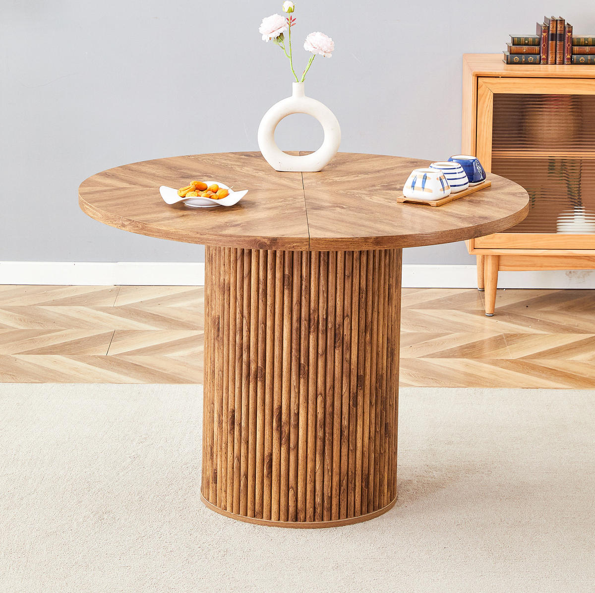 ESSTISCH aus MDF und Metall 100x100x76 cm Holzfarben mit Stauraum und runder 4-Segment-Tischplatte - Naturfarben, Holzwerkstoff (100/100/76cm) - Modfu