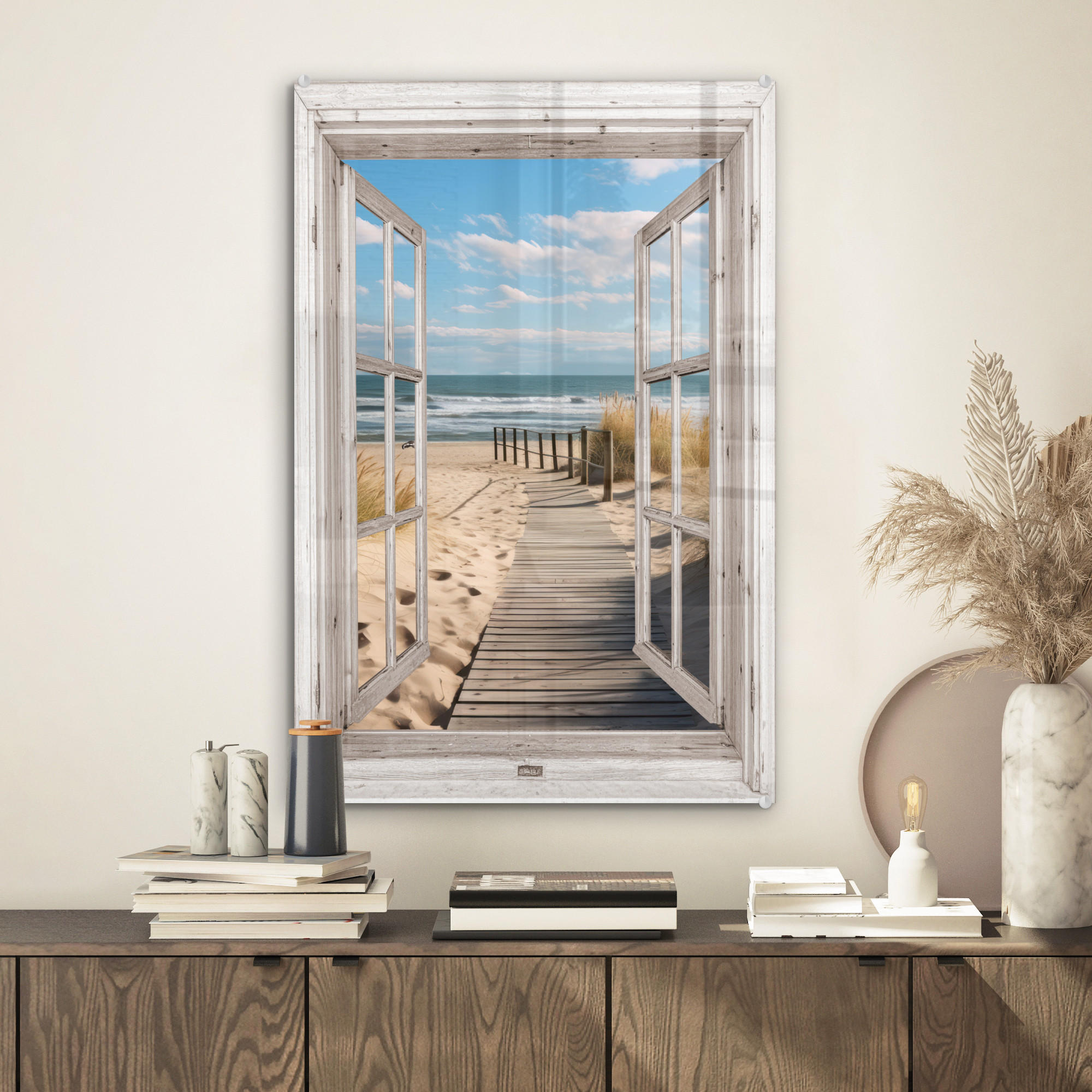 ACRYLGLASBILD Fenster - Meer - Küste - Natur - Ausblick - Strand - Wattenmeer 40x60 cm - Beige, Glas (40/60cm) - MuchoWow