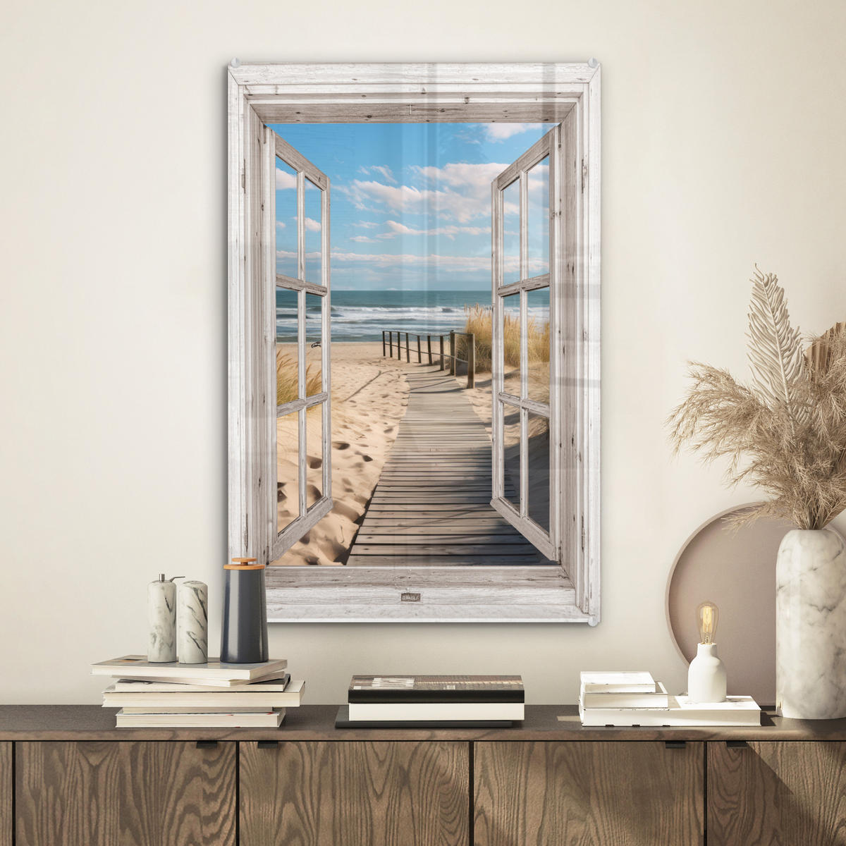 ACRYLGLASBILD Fenster - Meer - Küste - Natur - Ausblick - Strand - Wattenmeer 40x60 cm - Beige, Glas (40/60cm) - MuchoWow