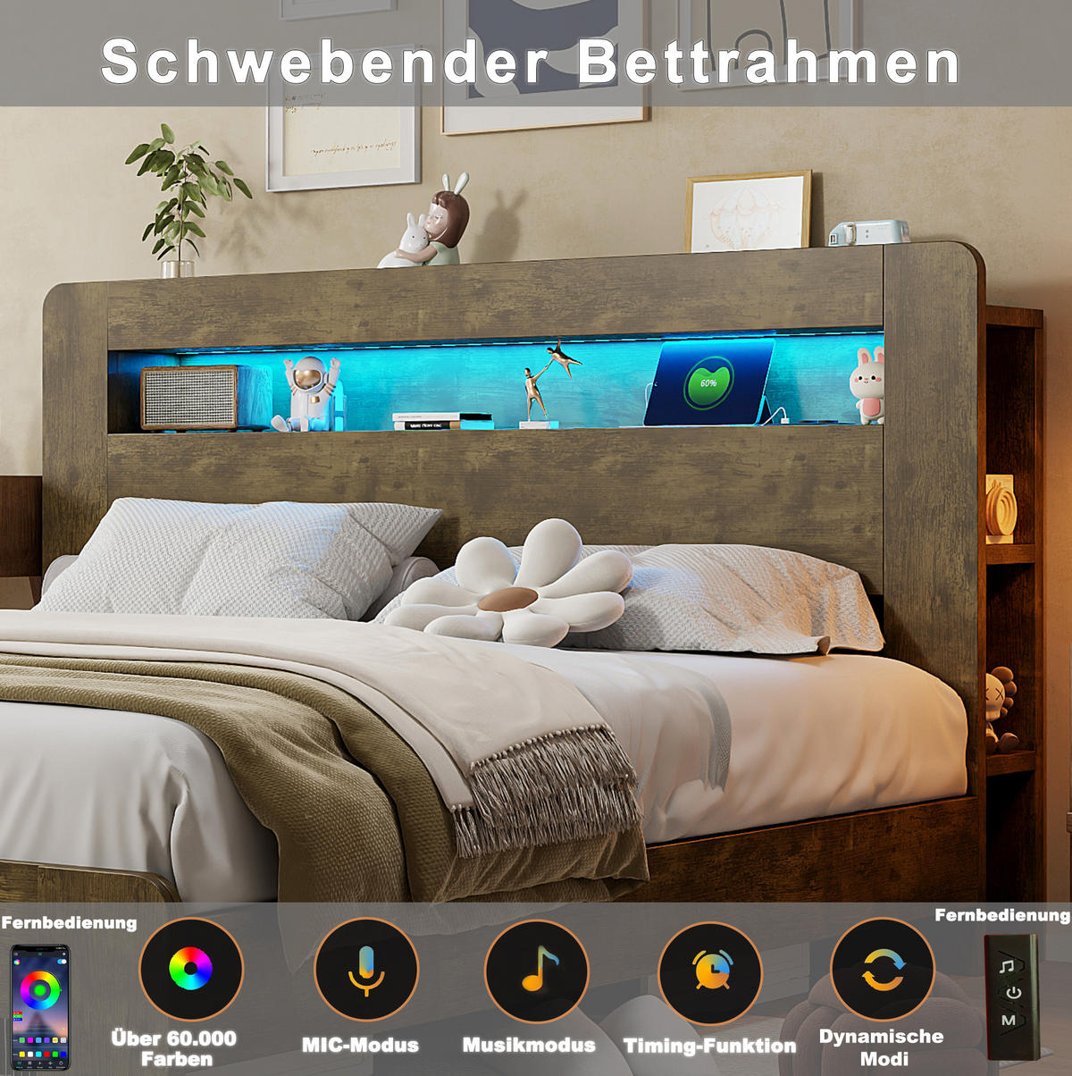 STAURAUMBETT 140/200 cm Vintage-Holz mit LED und Steckdosen - Naturfarben, Holz (140/200cm) - MIVRAY
