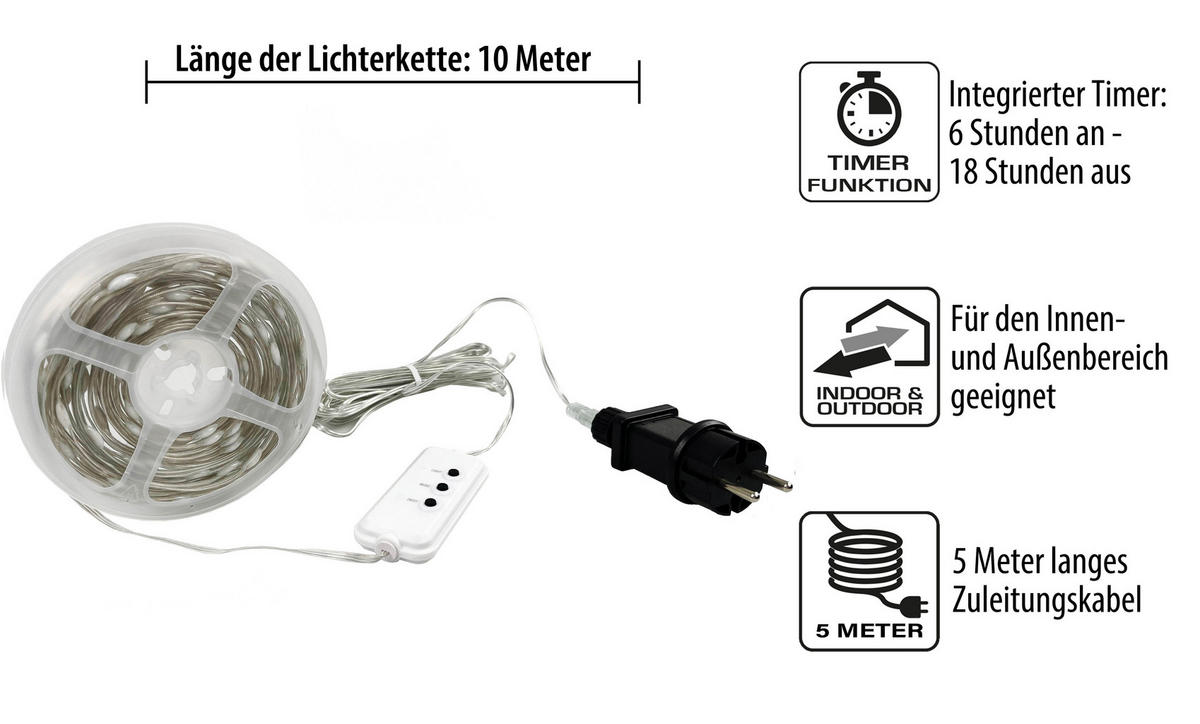 LED-EFFEKTLICHTERKETTE - mit Musiksensor, 100 Mikro-LEDs, IP44 wetterfest für Innen und Außen, 10m Länge, 5m Zuleitung - Weiß, Kunststoff (100cm) - Northpoint