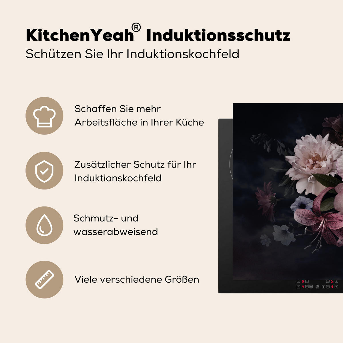 HERDABDECKPLATTE Blumen - Vintage - Pastell - Rosa - Weiß 91x52 cm - Altrosa, Kunststoff (91.2/0.2/52cm) - MuchoWow