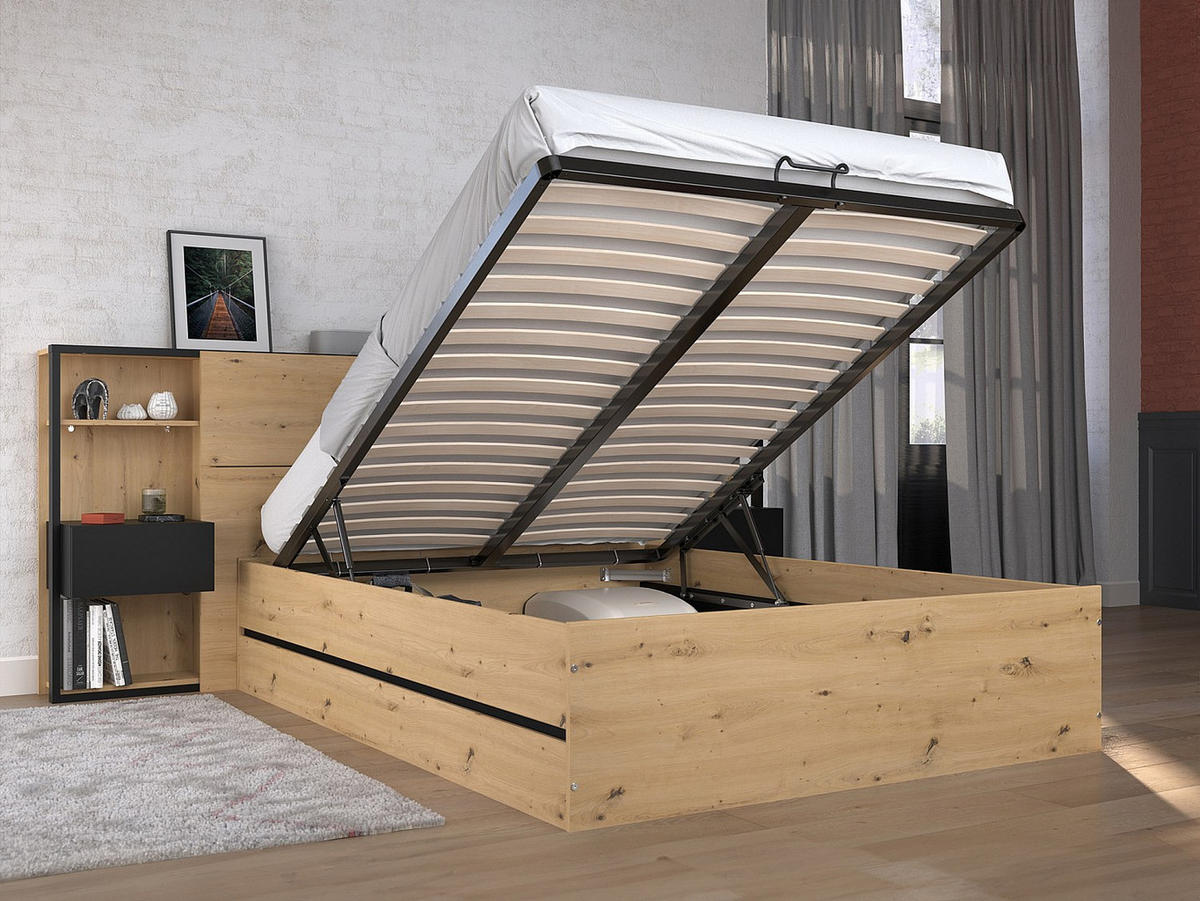 BETT mit Bettkasten - 2 Personen - Holz, Platte - Schwarz, Naturfarben Hell - Schwarz/Naturfarben, Holz (140/190cm) - Vente-Unique
